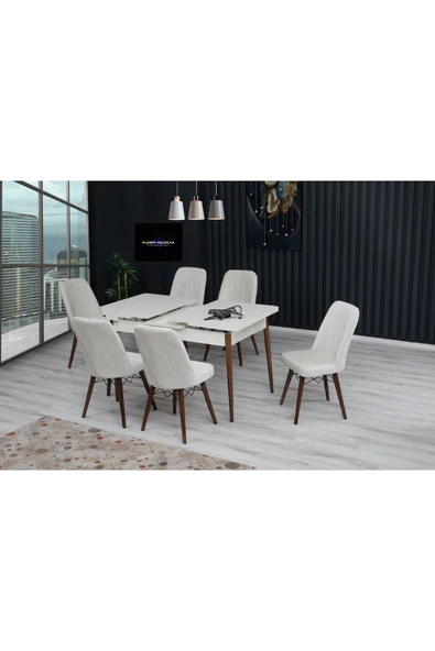 80x130 Açılabilir,6 Kişilik Mutfak Masası Takımı, Yemek Masası Takımı, Masa Takımı- Krem - 2