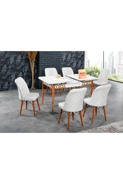 florit mobilya masamıza buyurun Antik Mermer Açılır Karegold Yemek ve Mutfak Masası Takımı 6 Sandalyeli Krem - Resim 3