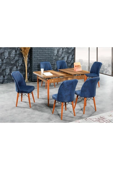 florit mobilya masamıza buyurun Barok Açılır Karegold Yemek Ve Mutfak Masası Takımı 6 Sandalyeli - Lacivert - Resim 3