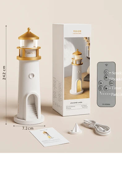 Sevimli Ay Projeksiyonlu Deniz Feneri Lambası Bluetooth Hoparlörlü 3 Kademeli Kısılabilir Kablosuz Masa Lambası - 2