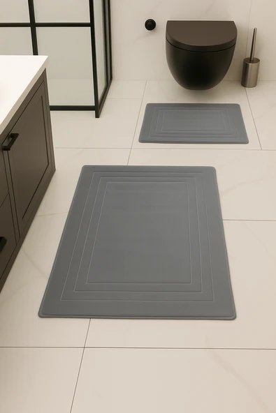 %100 Pamuk Dokuma, Su Emici, Banyo Paspas Seti, Banyo Halısı Vera 2'li Klozet Takım 60x100-60x50 - Resim 3