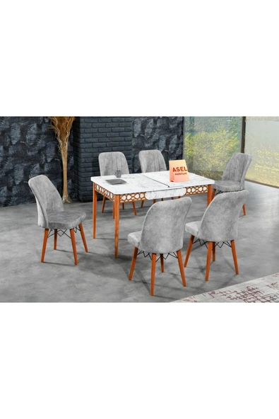 florit mobilya masamıza buyurun Beyaz Mermer Açılır Karegold Yemek ve Mutfak Masası Takımı 6 Sandalyeli Gri - Resim 2