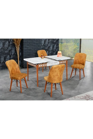 florit mobilya masamıza buyurun Beyaz Mermer Açılır Karegold Yemek Ve Mutfak Masası Takımı 4 Sandalyeli - Hardal - Resim 2