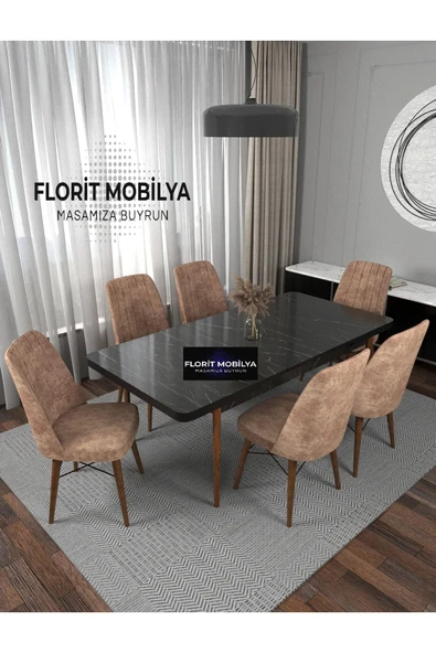 florit mobilya masamıza buyurun 6 Kişilik Açılır Masa Sandalye Takımı Mutfak Masası Takımı Salon Masası Yemek Masası siyah masa ürün görseli