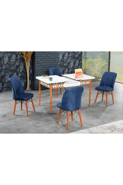 florit mobilya masamıza buyurun Antik Mermer Açılır Karegold Yemek Ve Mutfak Masası Takımı 4 Sandalyeli - Lacivert - Resim 2