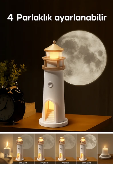 Sevimli Ay Projeksiyonlu Deniz Feneri Lambası Bluetooth Hoparlörlü 3 Kademeli Kısılabilir Kablosuz Masa Lambası - 4