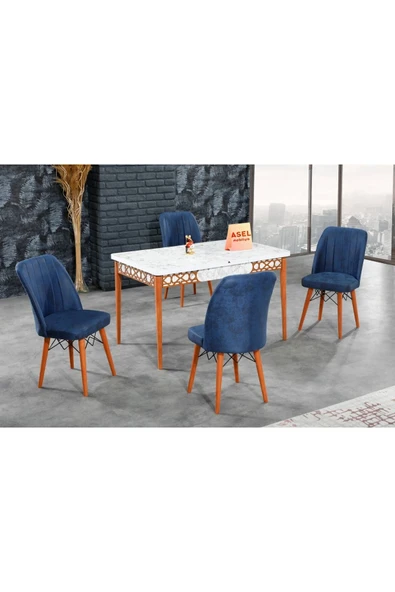 florit mobilya masamıza buyurun Beyaz Mermer Açılır Karegold Yemek ve Mutfak Masası Takımı 4 Sandalyeli Lacivert ürün görseli
