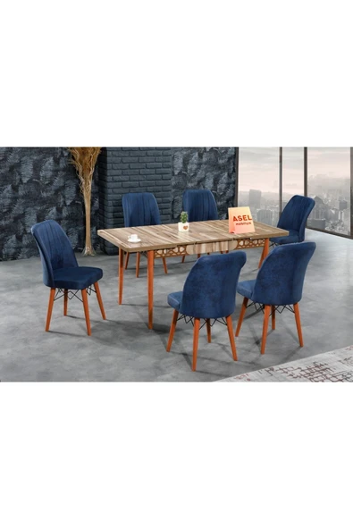 florit mobilya masamıza buyurun Floria Açılır Karegold Yemek Ve Mutfak Masası Takımı 6 Sandalyeli - Lacivert ürün görseli