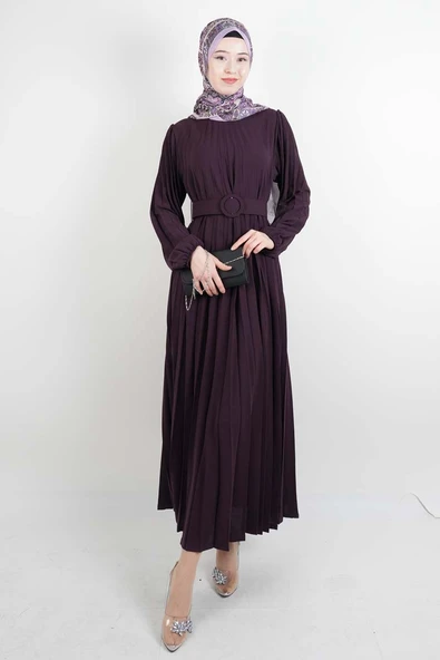 Ayrobin Elbise Kalın Kemerli Piliseli Elbise Mor