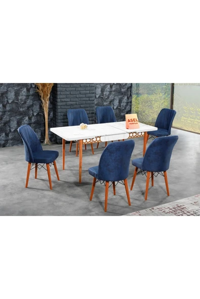 florit mobilya masamıza buyurun Antik Mermer Açılır Karegold Yemek Ve Mutfak Masası Takımı 6 Sandalyeli - Lacivert ürün görseli