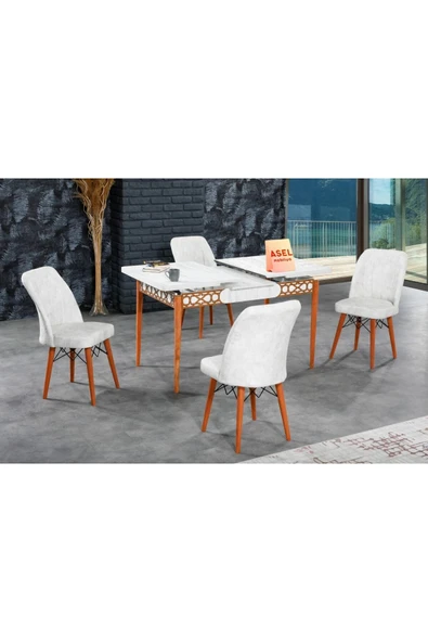 florit mobilya masamıza buyurun Antik Mermer Açılır Karegold Yemek Ve Mutfak Masası Takımı 4 Sandalyeli - Krem - Resim 2