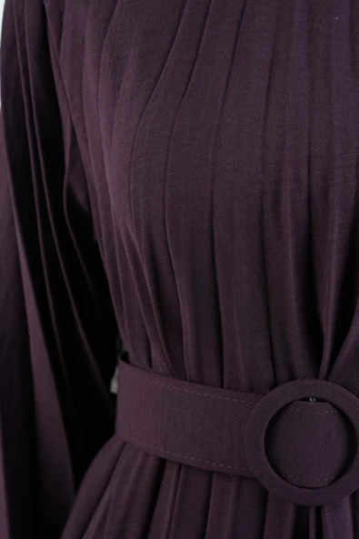 Ayrobin Elbise Kalın Kemerli Piliseli Elbise Mor - 5