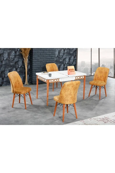 florit mobilya masamıza buyurun Antik Mermer Açılır Karegold Yemek Ve Mutfak Masası Takımı 4 Sandalyeli - Hardal ürün görseli