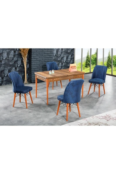 florit mobilya masamıza buyurun Barok Açılır Karegold Yemek Ve Mutfak Masası Takımı 4 Sandalyeli - Lacivert ürün görseli