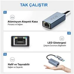 Inca IUTP-01TX Ethernet Adaptörü USB ve TYPE-Cye Bağlantı USB 3.0 ve TYPE-C 3.1 Alüminyum 1000Mbps - 3