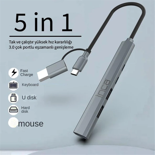 Inca IUTP-06TX 5in1 USB 3.0 + 2xUSB 2.0+Type-C+PD 100W USB+Type-C Çoklayıcı 3.0 ile 5 Gbps