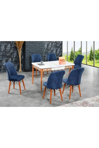 florit mobilya masamıza buyurun Beyaz Mermer Açılır Karegold Yemek Ve Mutfak Masası Takımı 6 Sandalyeli - Lacivert - Resim 2