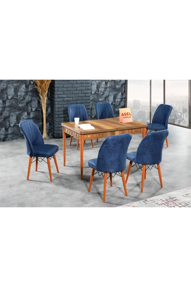 florit mobilya masamıza buyurun Barok Açılır Karegold Yemek Ve Mutfak Masası Takımı 6 Sandalyeli - Lacivert - Resim 2