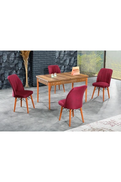 florit mobilya masamıza buyurun Barok Açılır Karegold Yemek Ve Mutfak Masası Takımı 4 Sandalyeli - Bordo ürün görseli