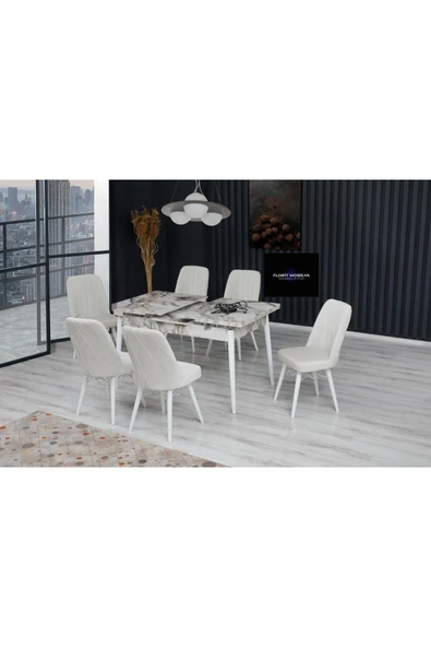 florit mobilya masamıza buyurun Inci Serisi Açılabilir Beyaz.m Mutfak Masa Takımı 6 Sandalye Yemek Masa Takımı Baby Face Kumaş - Resim 2