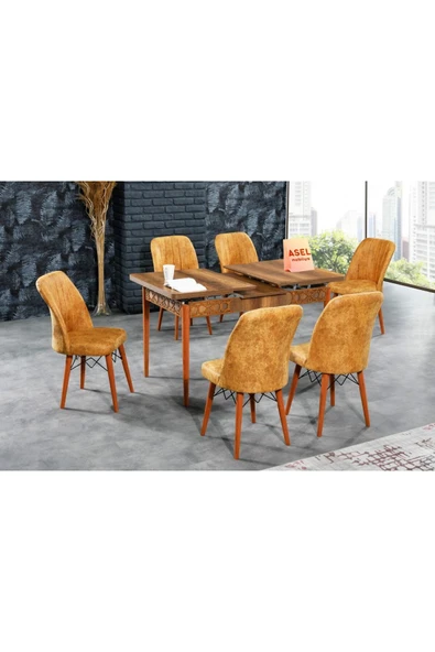 florit mobilya masamıza buyurun Barok Açılır Karegold Yemek Ve Mutfak Masası Takımı 6 Sandalyeli - Hardal - Resim 3