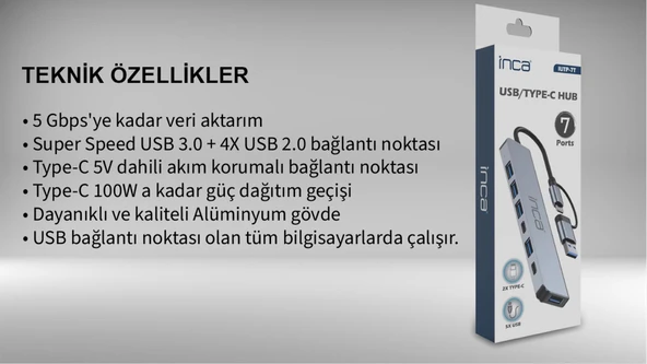 Inca IUTP-7T Usb+Type-c Girişli USB 3.0+4X USB 2.0 Type-C 5V 2X Type-C 100W Çoklayıcı - 3