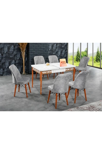 florit mobilya masamıza buyurun Antik Açılır Karegold Yemek Ve Mutfak Masası Takımı 6 Sandalyeli - Gri ürün görseli