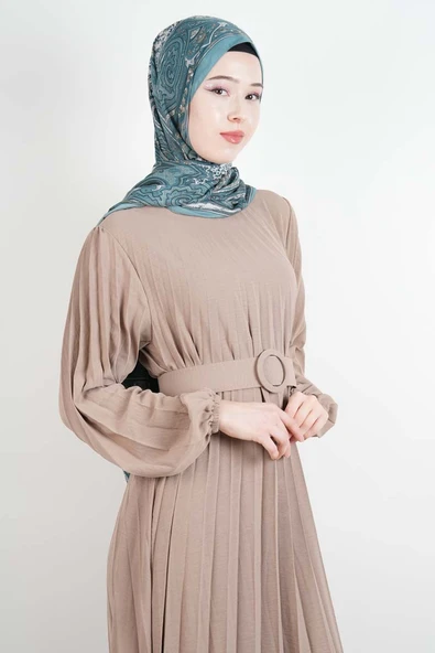 Ayrobin Elbise Kalın Kemerli Piliseli Elbise Bej - 3