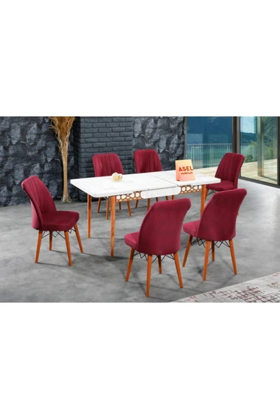 florit mobilya masamıza buyurun Antik Mermer Açılır Karegold Yemek Ve Mutfak Masası Takımı 6 Sandalyeli - Bordo ürün görseli