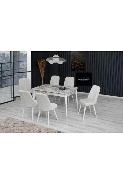 florit mobilya masamıza buyurun Inci Serisi Açılabilir Beyaz.m Mutfak Masa Takımı 6 Sandalye Yemek Masa Takımı Baby Face Kumaş ürün görseli