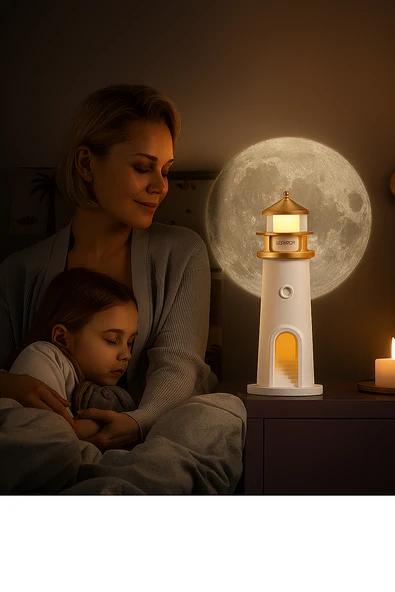 Sevimli Ay Projeksiyonlu Deniz Feneri Lambası Bluetooth Hoparlörlü 3 Kademeli Kısılabilir Kablosuz Masa Lambası - 5