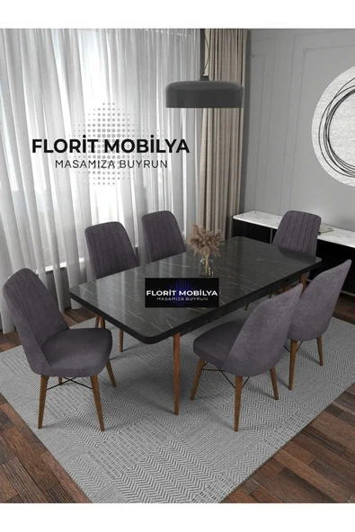 florit mobilya masamıza buyurun 6 Kişilik Açılır Masa Sandalye Takımı Mutfak Masası Takımı Salon Masası Yemek Masası siyah masa ürün görseli