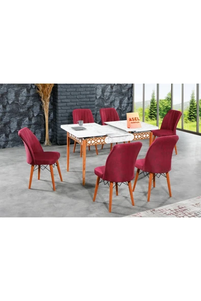 florit mobilya masamıza buyurun Beyaz Mermer Açılır Karegold Yemek Ve Mutfak Masası Takımı 6 Sandalyeli - Bordo - Resim 3