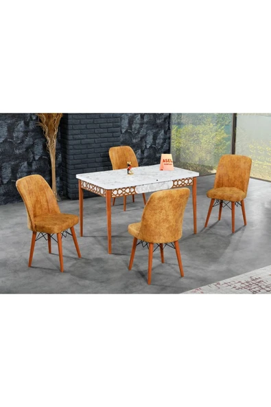 florit mobilya masamıza buyurun Beyaz Mermer Açılır Karegold Yemek Ve Mutfak Masası Takımı 4 Sandalyeli - Hardal ürün görseli