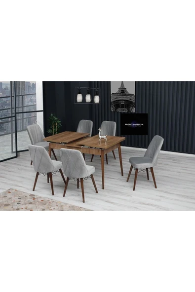 80x130 Açılabilir,6 Kişilik Mutfak Masası Takımı, Yemek Masası Takımı, Masa Takımı- Gri - 2