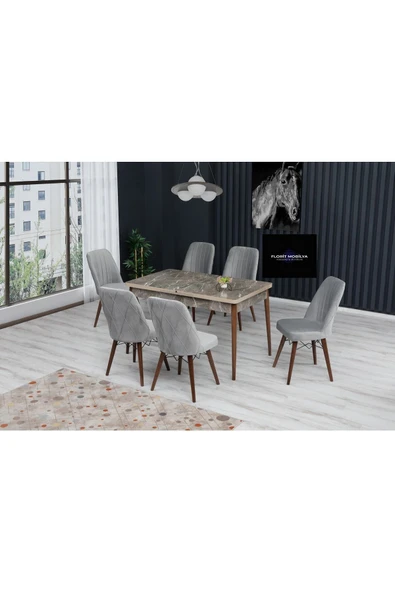 florit mobilya masamıza buyurun Idil Serisi Açılabilir Kapiçino Mer. Mutfak Masa Takımı 6 Sandalye Yemek Masa Takımı Baby Face Kumaş ürün görseli