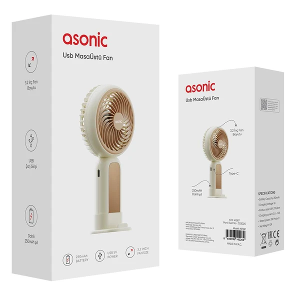 Asonic AFN21 Krem 250mAh Dahili Pil Elde Taşınabilir Masaüstü Usb Fan Şarjlı Type-c Şarj - 2