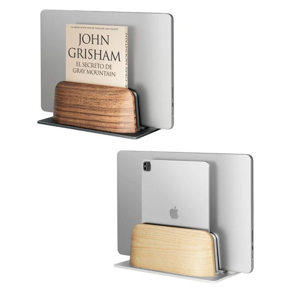 Ahşap Laptop Standı Dikey Çift Yuvalı MacBook iPad Telefon Uyumlu Masaüstü Organizer Kaymaz Taban ürün görseli 1