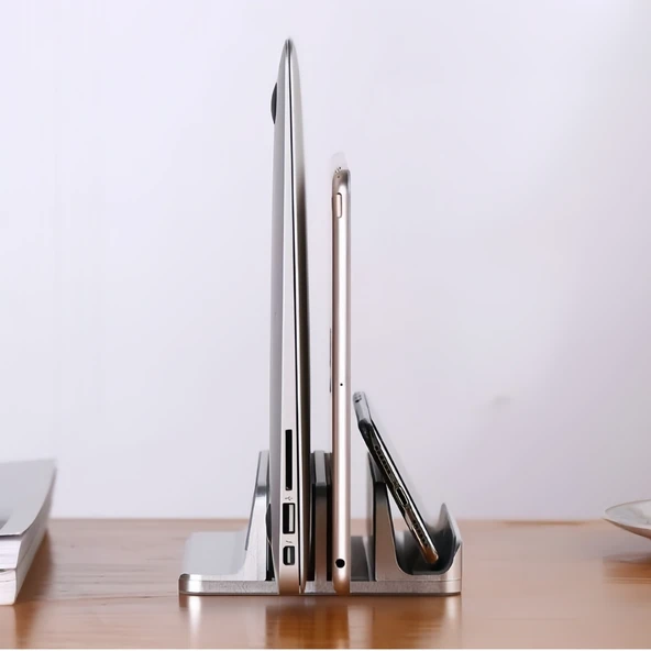 Alüminyum dikey laptop standı 3 yuvalı multi dock ayarlanabilir genişlik masaüstü düzenleyici - Resim 7