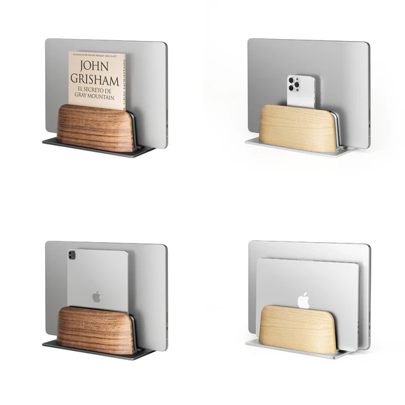 Ahşap Laptop Standı Dikey Çift Yuvalı MacBook iPad Telefon Uyumlu Masaüstü Organizer Kaymaz Taban - Resim 3