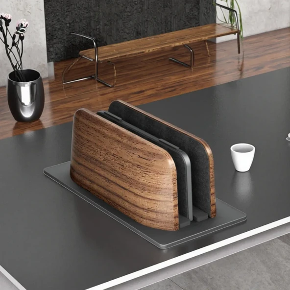 Ahşap Laptop Standı Dikey Çift Yuvalı MacBook iPad Telefon Uyumlu Masaüstü Organizer Kaymaz Taban - Resim 5