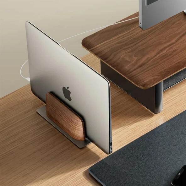 Ahşap Laptop Standı Dikey Çift Yuvalı MacBook iPad Telefon Uyumlu Masaüstü Organizer Kaymaz Taban - Resim 6
