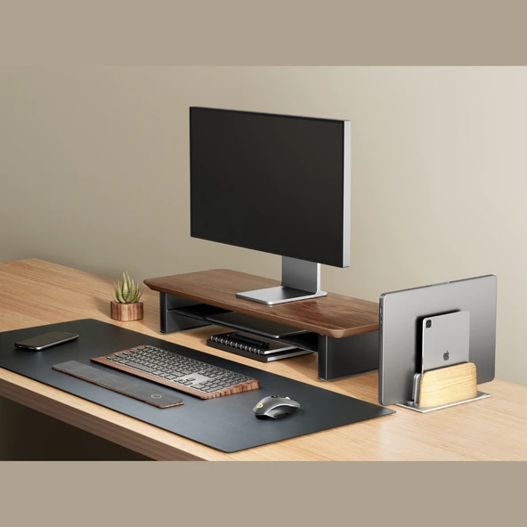 Ahşap Laptop Standı Dikey Çift Yuvalı MacBook iPad Telefon Uyumlu Masaüstü Organizer Kaymaz Taban - Resim 7