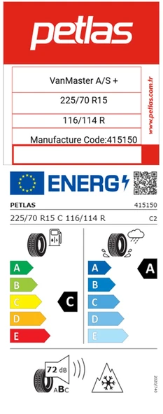 Petlas 225/70 R15 C TL 116/114R 10PR VANMASTER + A/S Hafif Ticari Dört Mevsim Lastiği ( Üretim Yılı: 2025 ) - 2