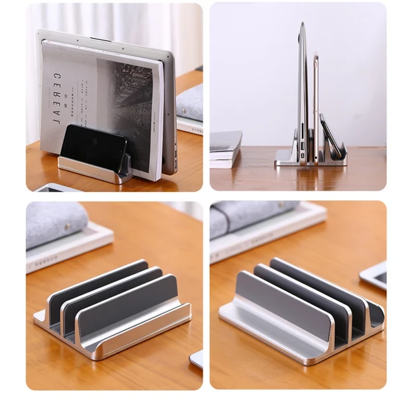 Alüminyum dikey laptop standı 3 yuvalı multi dock ayarlanabilir genişlik masaüstü düzenleyici - Resim 4
