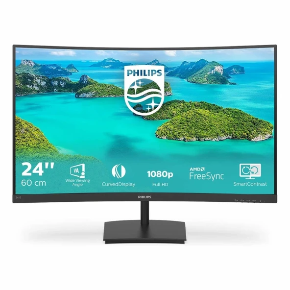 Philips 241E1SC 23.6" 75Hz 4Ms VGA+HDMI FullHD FreeSync VA Curved Vesa Monitör