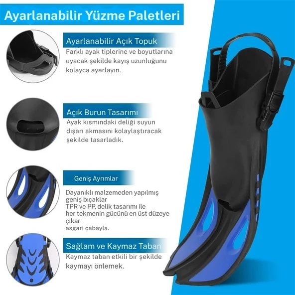 Monozone Yetişkinler İçin Şnorkel Takımı 3Parça Set,Dalış Gözlüğü,Şnorkel,Ayarlanır Yüzme Paletleri - Resim 4