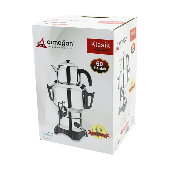 KLASİK ÇAY SETİ=DEMLİK - SU KAZANI ELEKTRİKLİ SEMAVER 60 BARDAK 6LT - TEK MUSLUK 1500W GİZLİ REZİSTANS (5047)