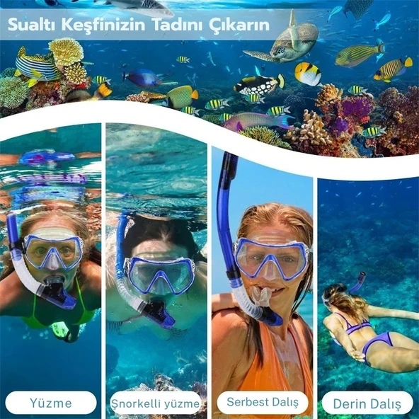 Monozone Yetişkinler İçin Şnorkel Takımı 3Parça Set,Dalış Gözlüğü,Şnorkel,Ayarlanır Yüzme Paletleri - Resim 7