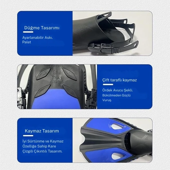 Monozone Yetişkinler İçin Şnorkel Takımı 3Parça Set,Dalış Gözlüğü,Şnorkel,Ayarlanır Yüzme Paletleri - Resim 5